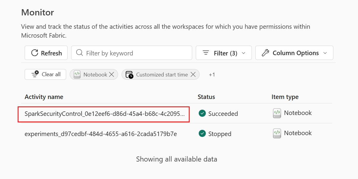 Screenshot placeholder: Monitoring hub showing a SparkSecurityControl job alongside the user's notebook session.
