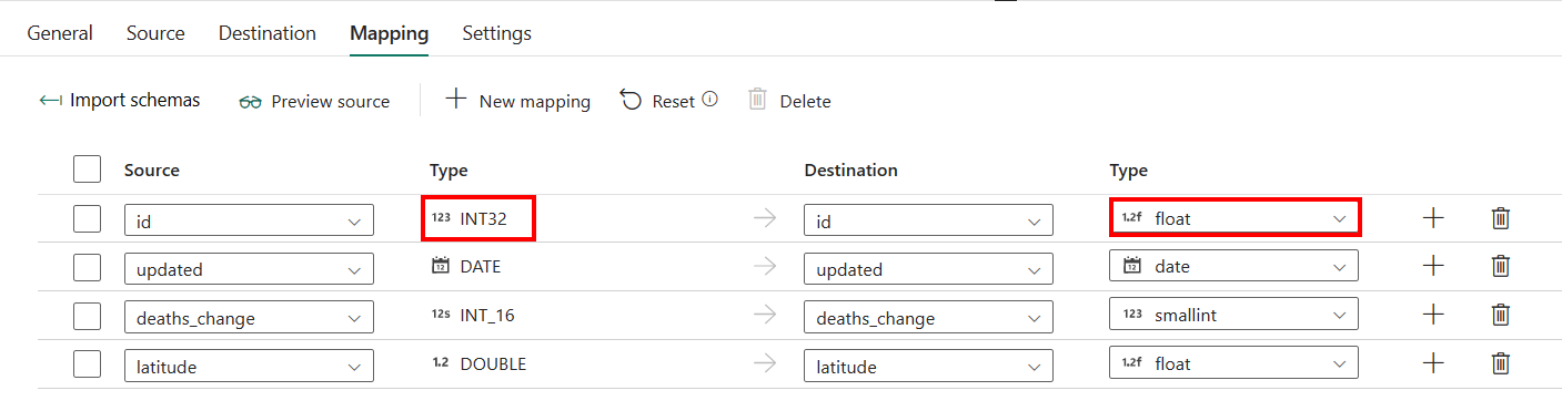 Screenshot of mapping destination column type.