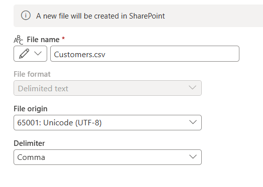 Screenshot of the File destination settings window with the file name, file format, file origin, and file delimiter settings displayed.