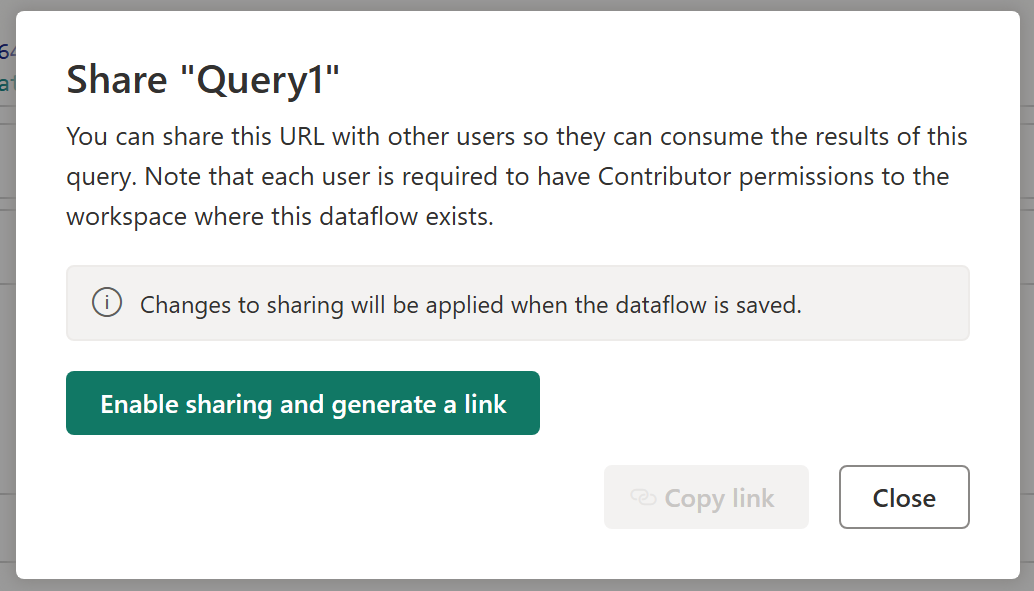 Screenshot of the shared query dialog with permission requirements and Enable sharing and generate a link.