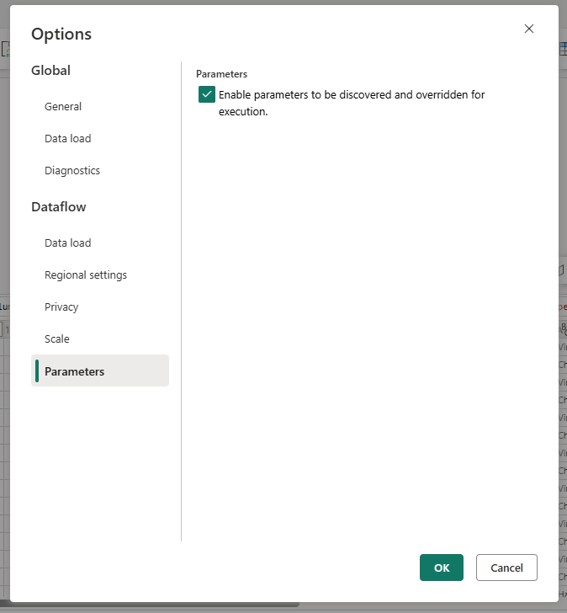 Screenshot of the Options dialog to enabling the public parameters mode.
