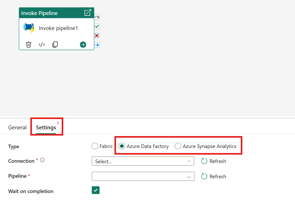 Screenshot showing the Invoke pipeline activity settings tab, highlighting ADF and Synapse.