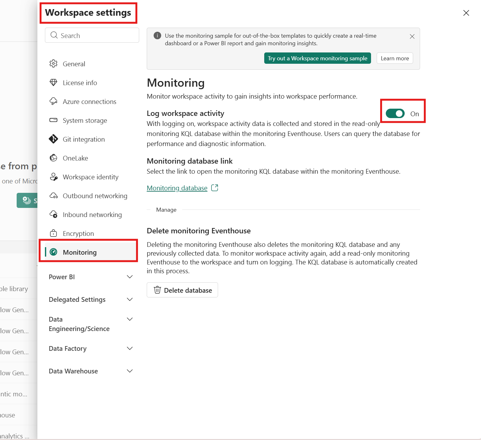 Screenshot of how to toggle on workspace monitoring.