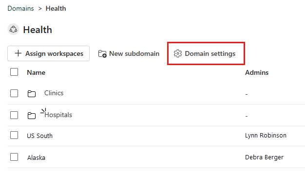 Screenshot showing how to open the domain settings pane.
