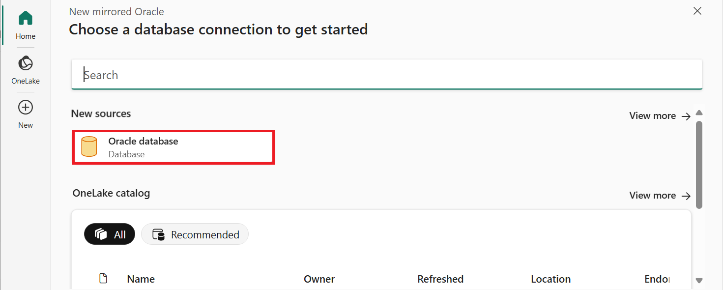Screenshot of the database connection screen, with the oracle database option highlighted under New sources.