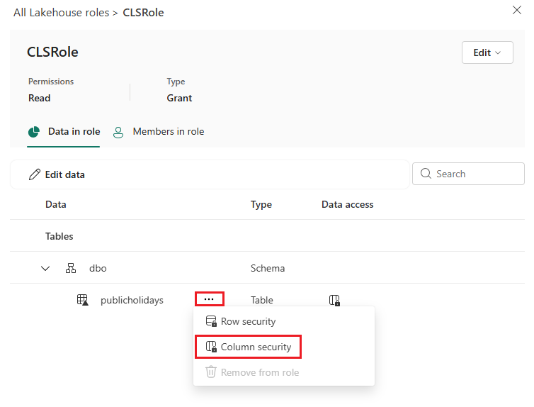 Screenshot that shows selecting 'column security' to edit permissions on a table.