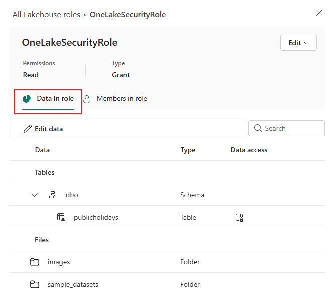 Screenshot that shows the details visible in the 'Data in role' tab.