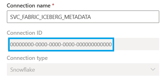Screenshot that shows the Snowflake connection ID in Fabric.