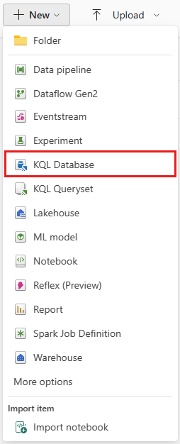 Screenshot of Real-time Analytics workspace that shows the dropdown menu of the ribbon button titled New. The entry titled KQL Database is highlighted.