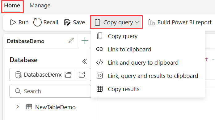 Screenshot of the Manage tab of the KQL Queryset showing the dropdown of the copy query or query results option.