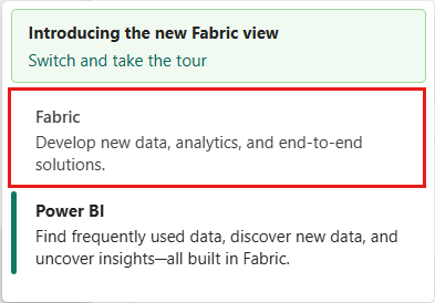 Screenshot that shows how to switch to the Fabric workload.