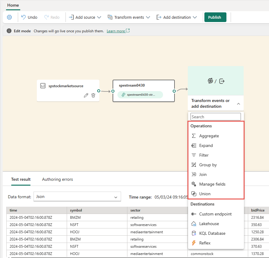 Screenshot that shows the transformation operations available on a stream.