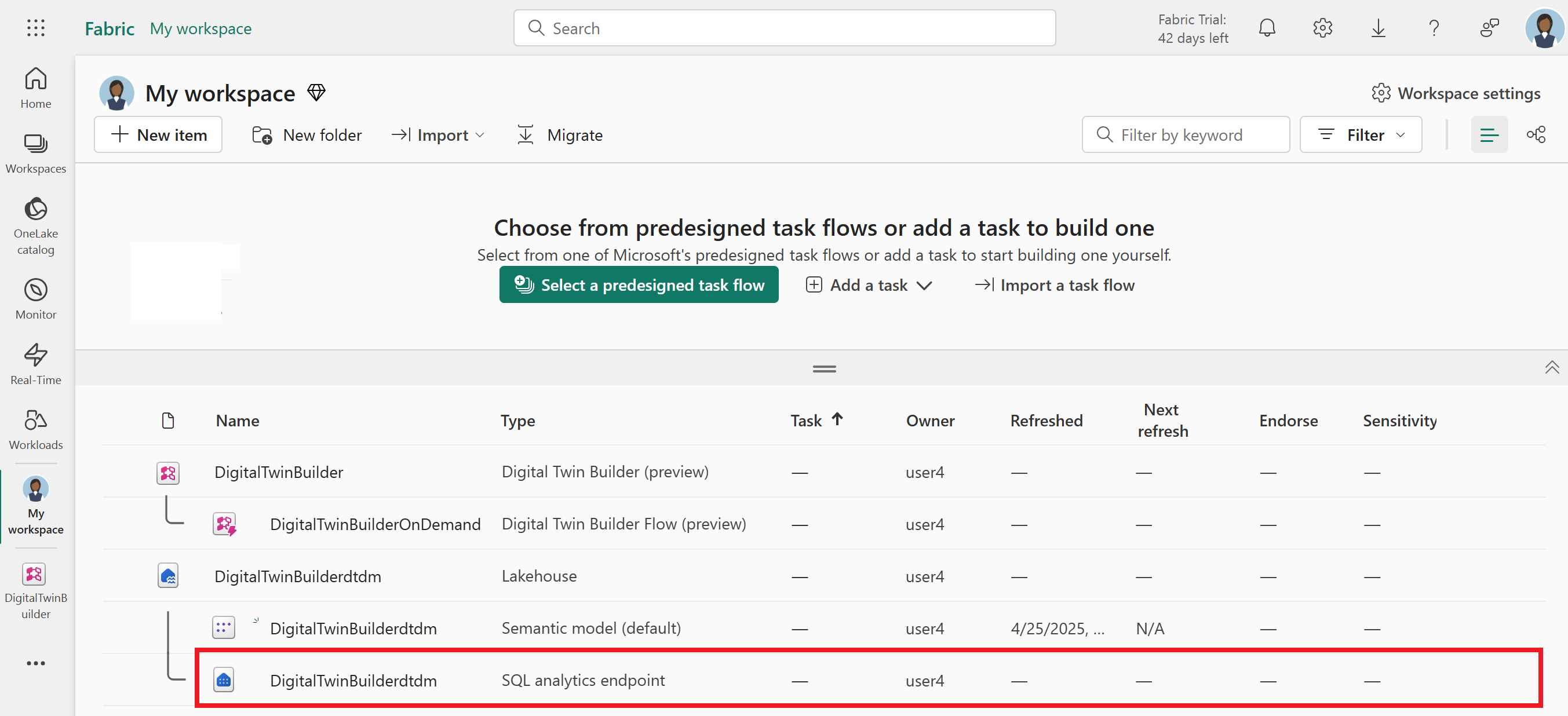 Screenshot of the SQL analytics endpoint under the digital twin builder data lakehouse in Fabric workspace.