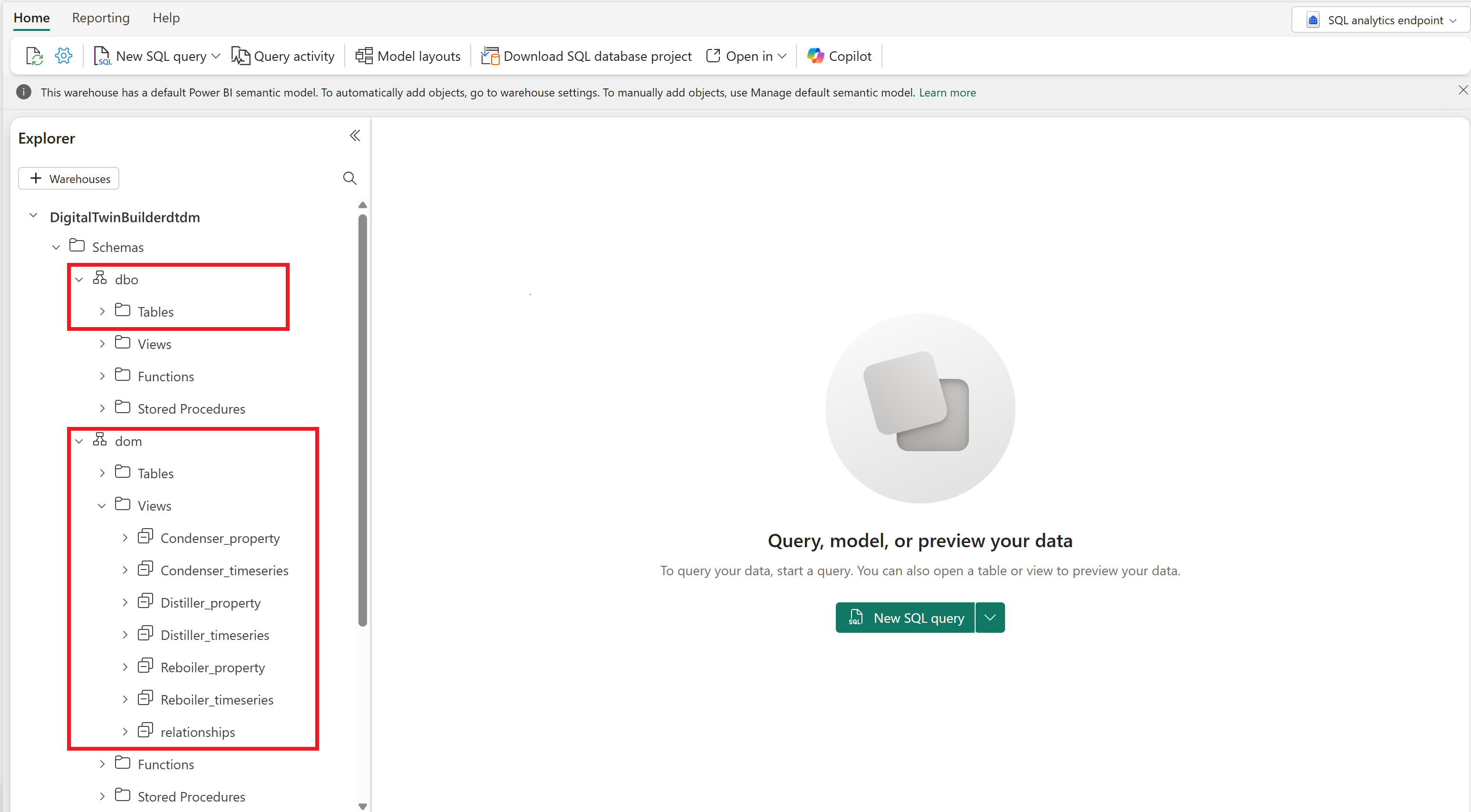 Screenshot of the SQL analytics endpoint schemas.