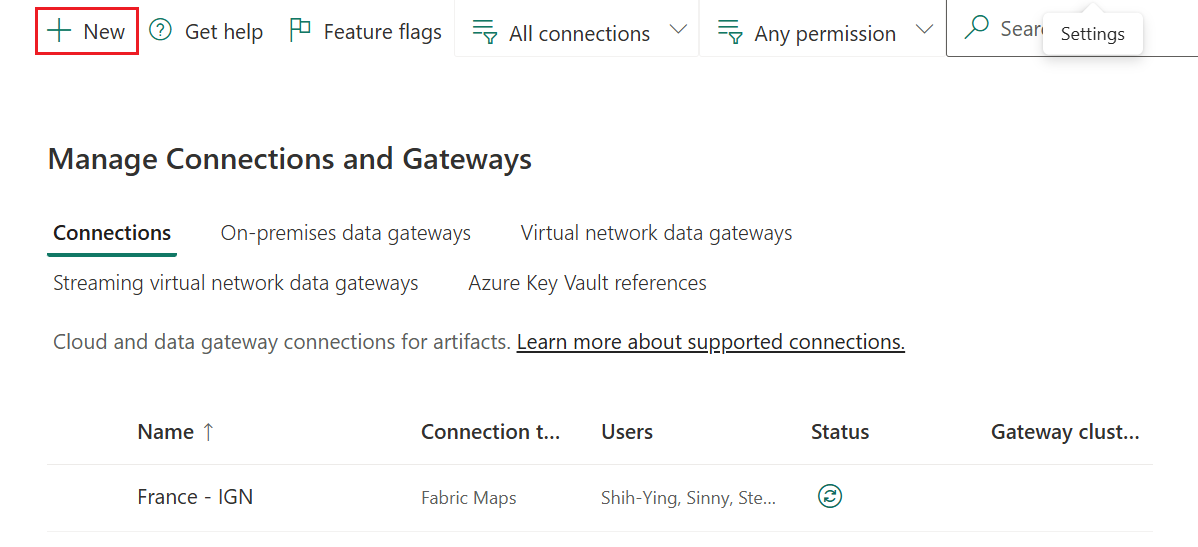 A screenshot of the Microsoft Fabric Maps interface showing the Manage Connections and Gateways page. The New button in the upper left is highlighted.