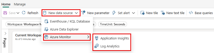 Screenshot of the data source menu showing a list of optional data sources with Azure monitor highlighted.