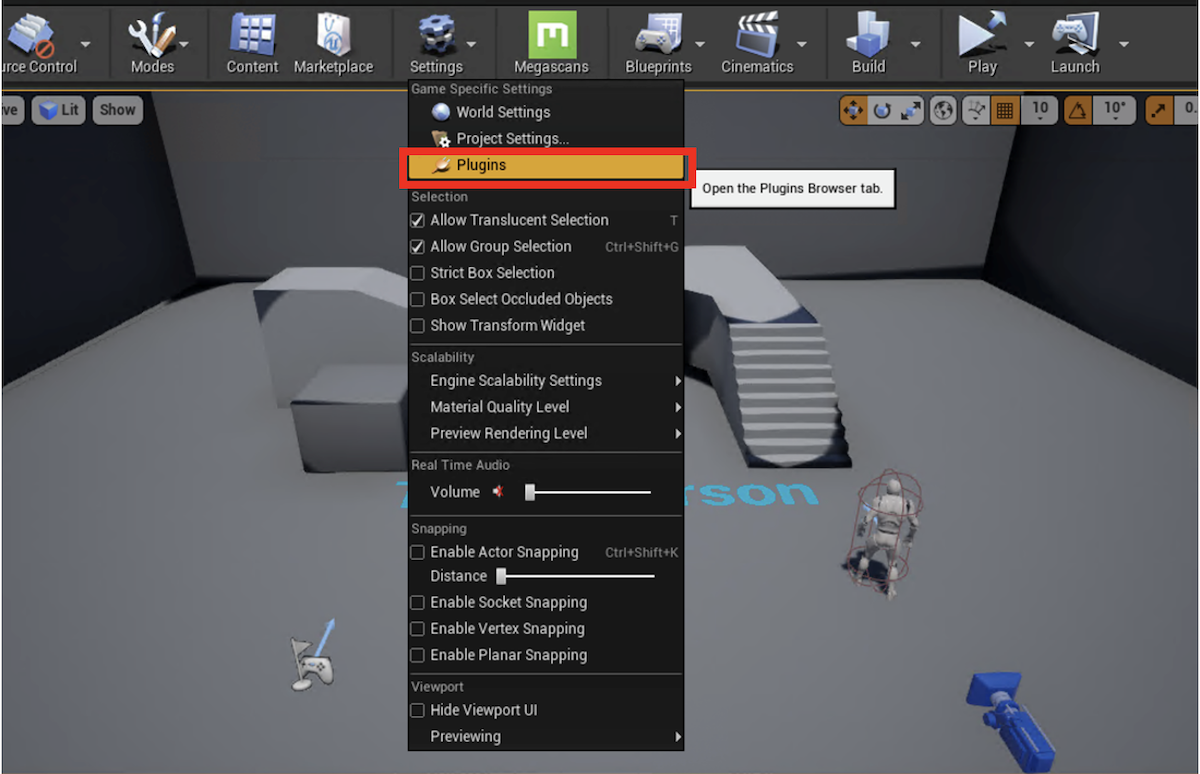 Screenshot showing Plug-in option in the Unreal Editor settings