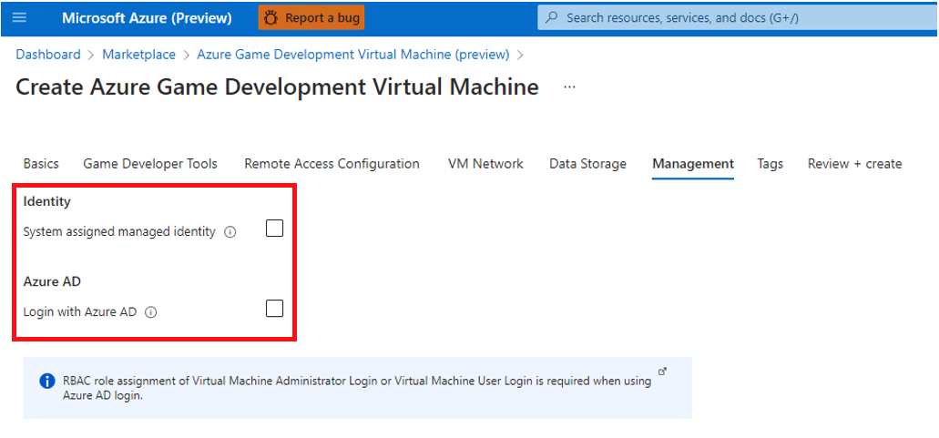 Screenshot showing how to enable Azure AD when creating a new Game Development VM