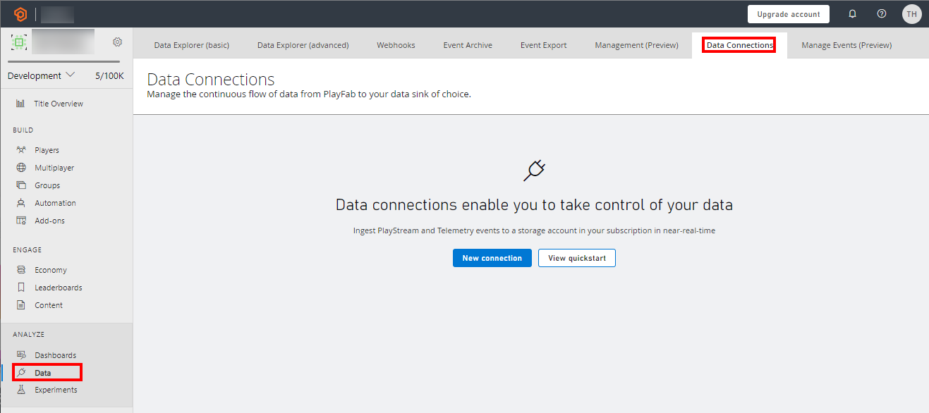 Screenshot of PlayFab data connections tab