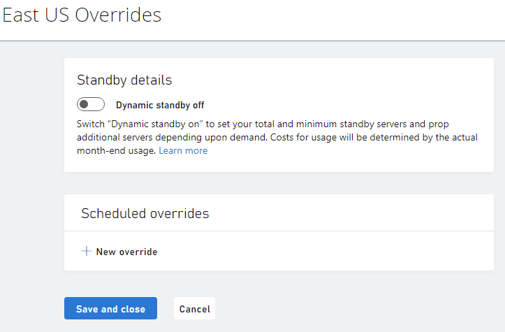 Regions Override Dynamic Standby Override Off