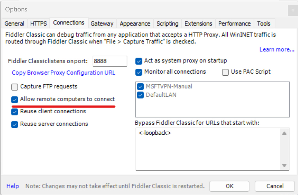 Fiddler Connections Settings dialogue box