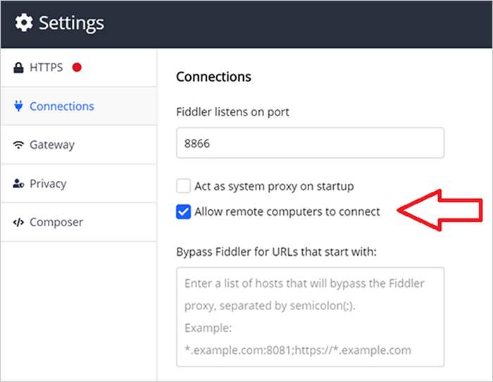 Fiddler Connections Settings dialogue box
