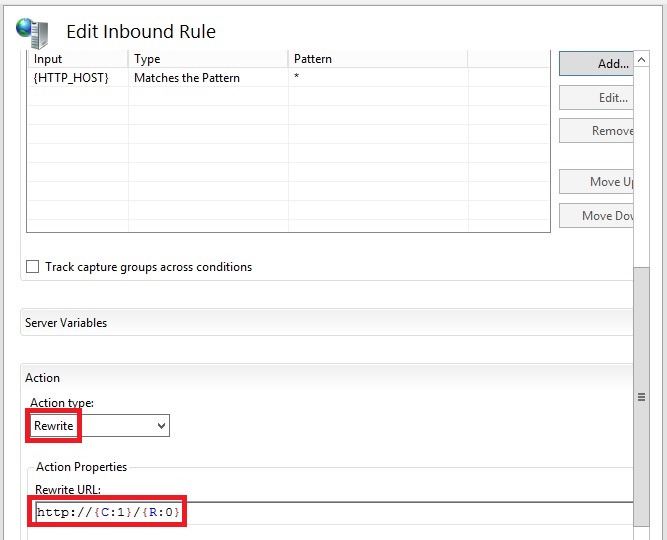 Screenshot shows the Edit Inbound Rule dialog box with the Action type Rewrite and a specified Rewrite URL.