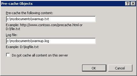 Screenshot of the Pre cache objects dialog box.