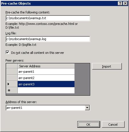 Screenshot of the Pre cache objects dialog box with the Do not cache all content on this server option being selected.