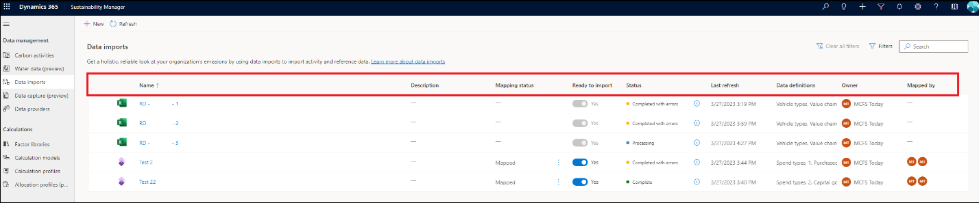 Screenshot of the Data imports page