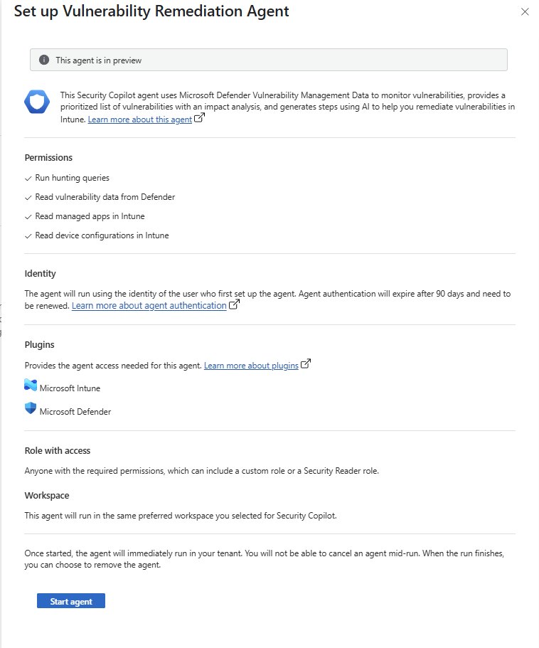 A screenshot that displays the 'Set up Vulnerability Remediation Agent' page and the Start agent button.