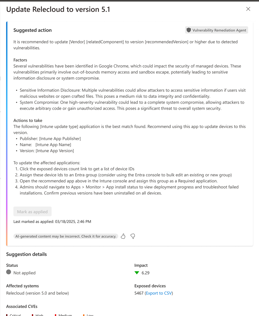 A screenshot that displays the Suggested actions for an App vulnerability.