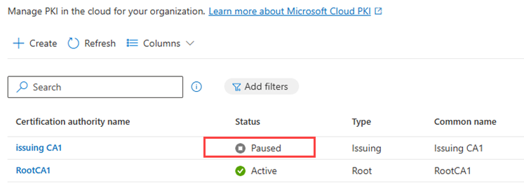 Cloud PKI CA list with Status column showing paused state.