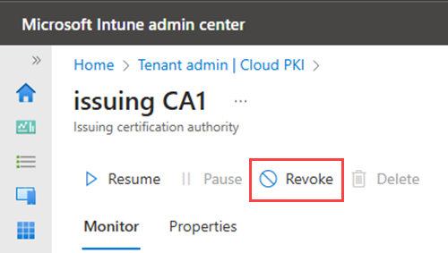 Cloud PKI CA properties page with Revoke action highlighted.
