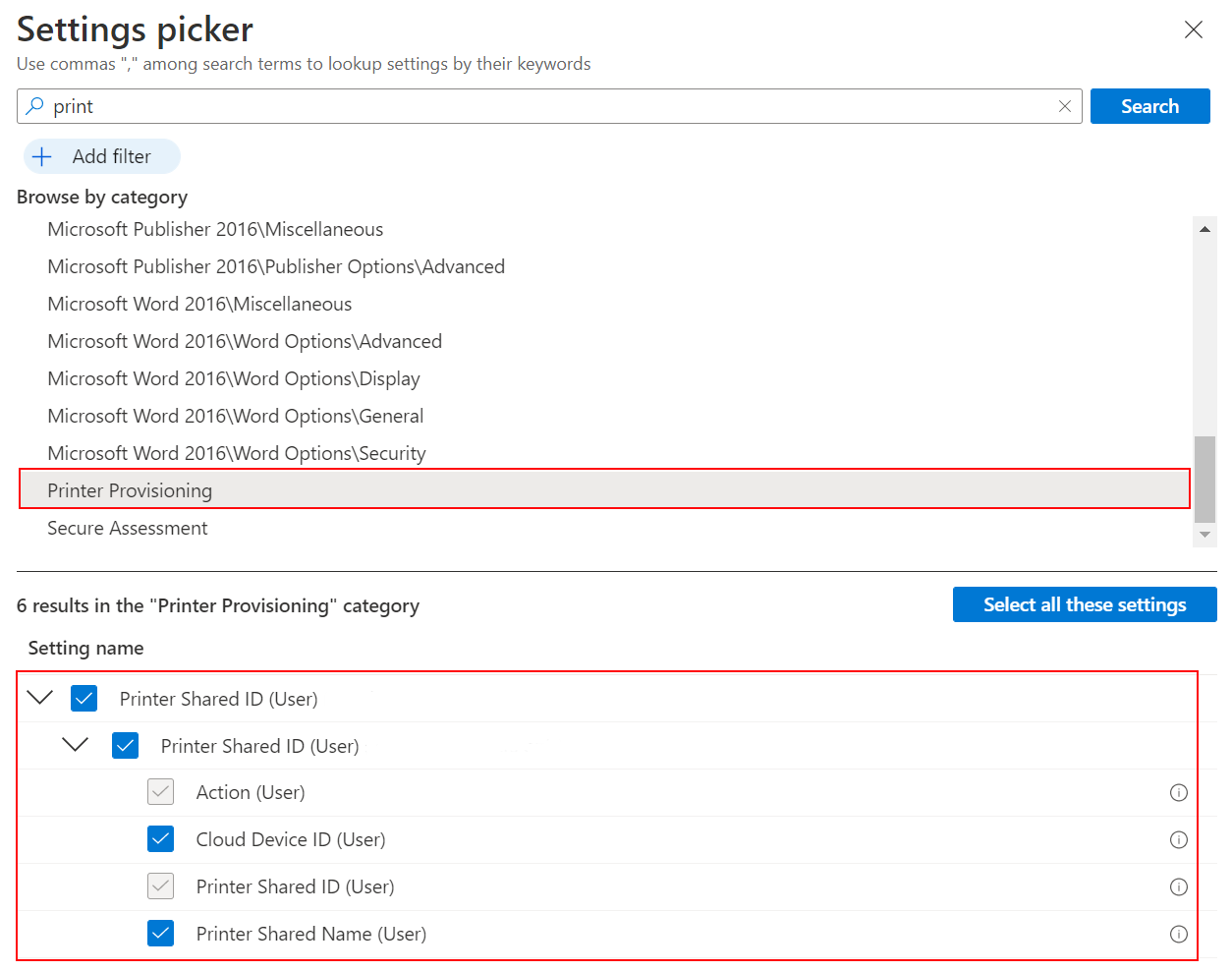 Screenshot that shows how to select printer provisioning in the settings catalog to create a Universal Print policy in Microsoft Intune and Intune admin center.