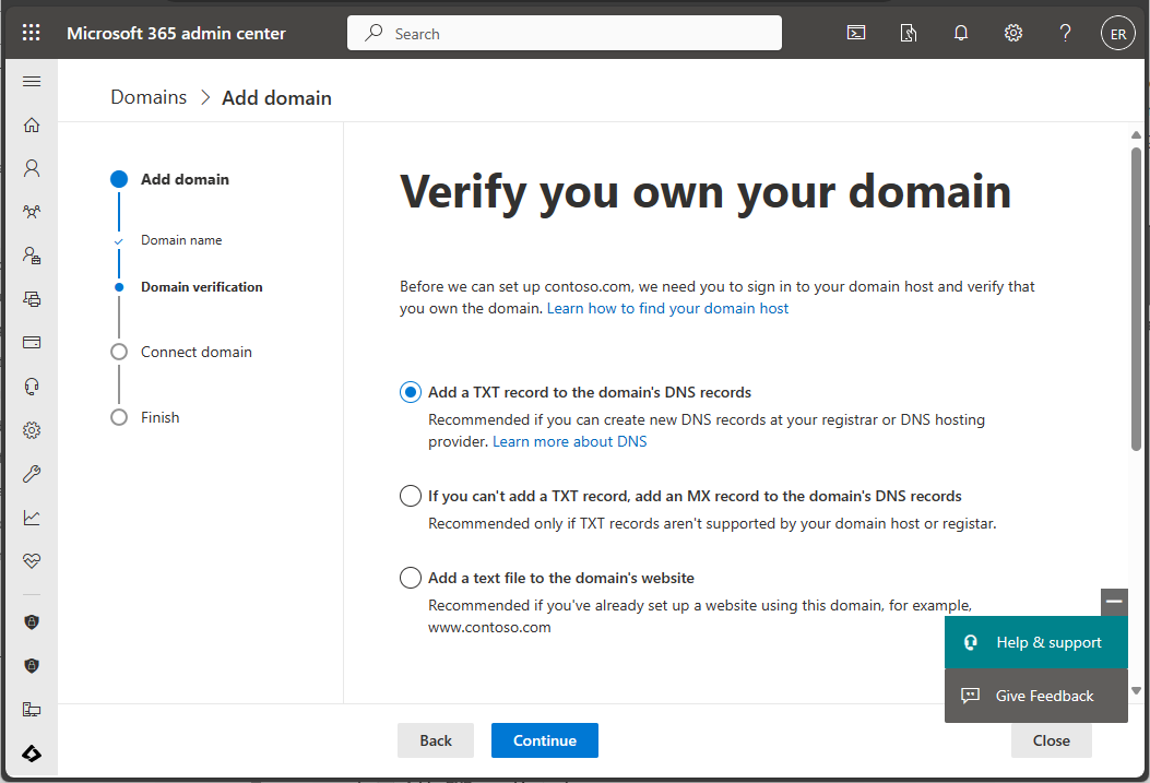 Screenshot of Microsoft 365 admin center - Verify domain ownership.