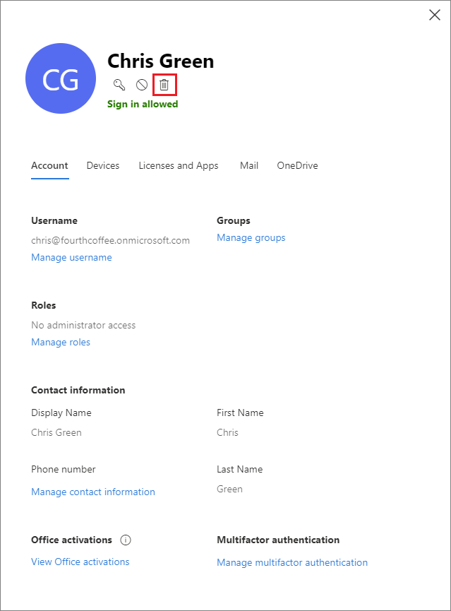 Screenshot that shows how to delete a user in the Microsoft 365 admin center.