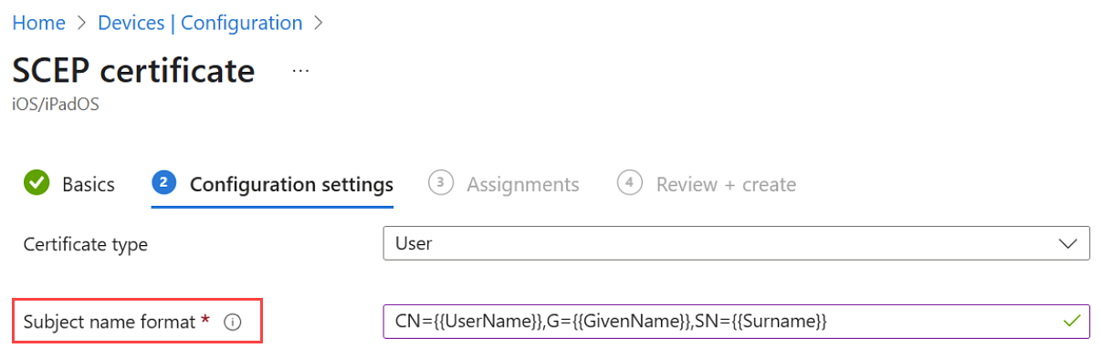 Image of a SCEP certificate profile and its configuration settings, highlighting the subject name format setting.