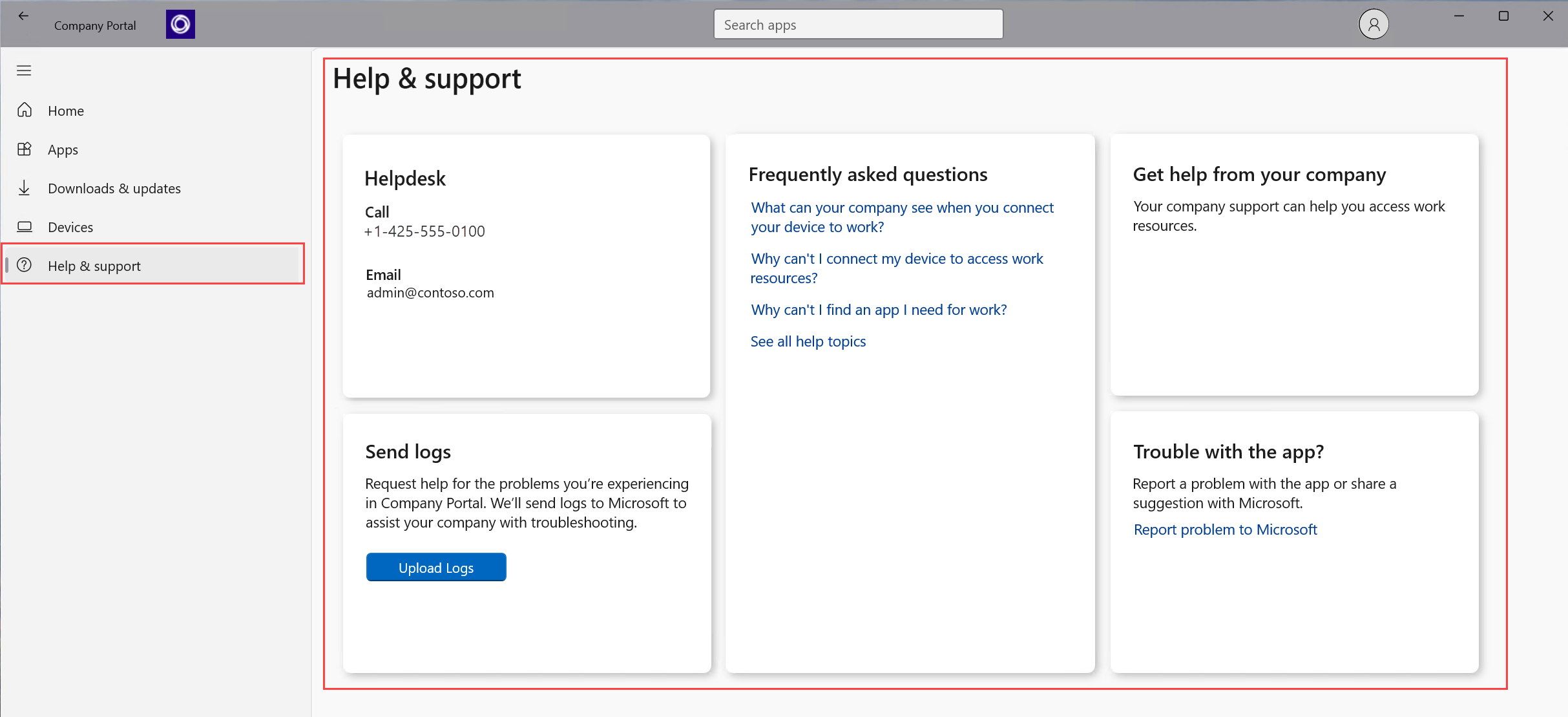 Example screenshot of the Company Portal app highlighting the "Help & support" option and "Help & support" page.
