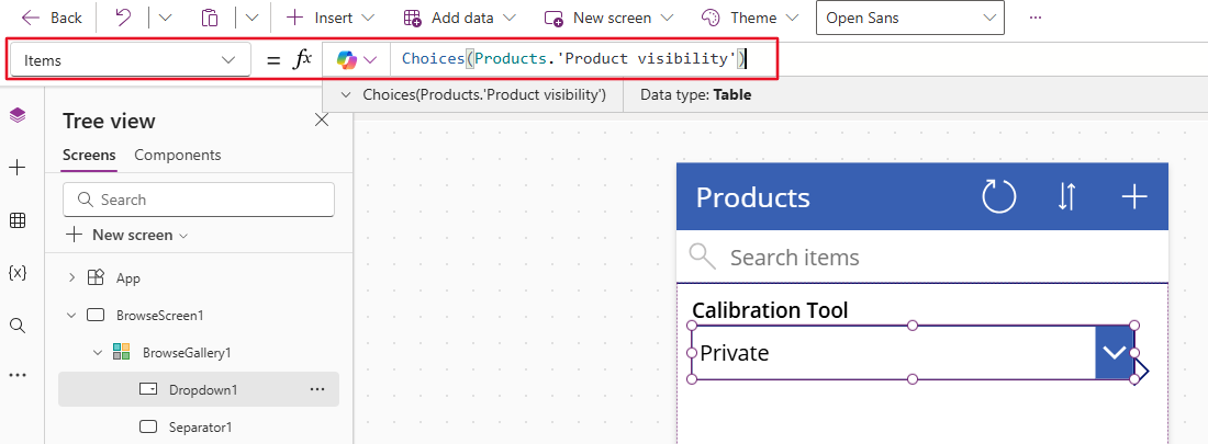 Screenshot of selecting Insert > Input > Drop down in Power Apps.