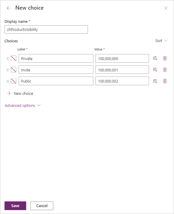 Screenshot of the Choice items in Power Apps.