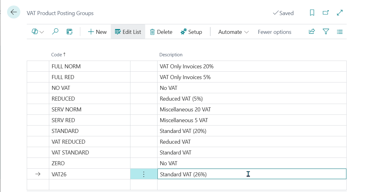 Screenshot of the new VAT product posting groups window.