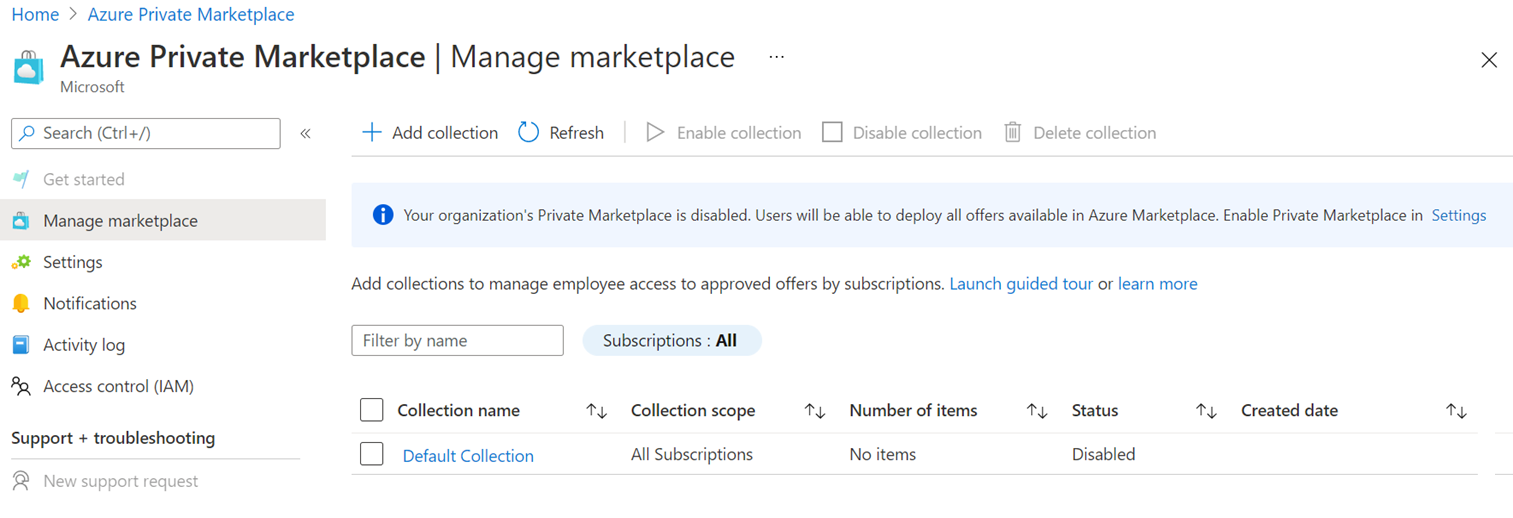 Shows the empty Private Azure Marketplace screen.
