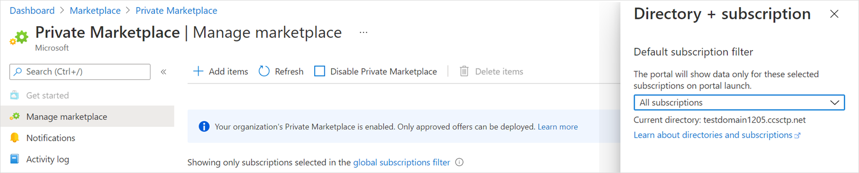 Shows the private marketplace filter.
