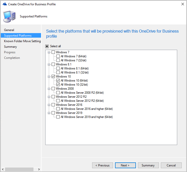 Select platforms for the OneDrive for Business profile
