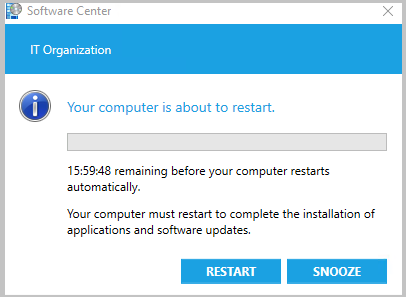 Screenshot of Pending restart Software Center notification with snooze button.