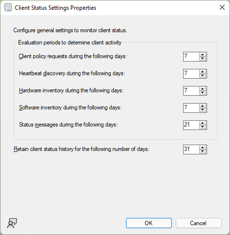 The Client Status Settings Properties window.