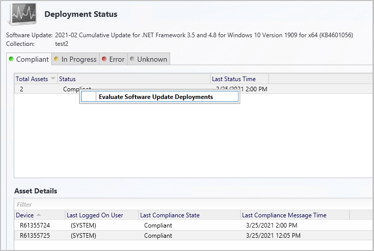 Screenshot of the right-click action for software updates deployment evaluation from the software update deployment status