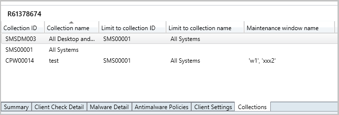 Screenshot of the Maintenance window column for the Collections tab in the Devices node.