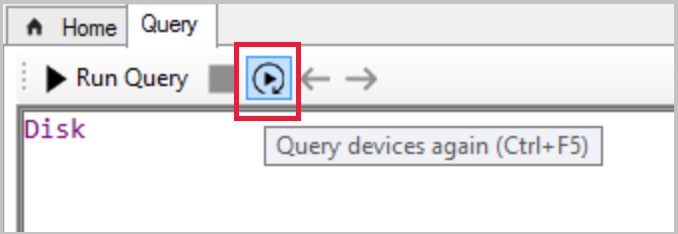 Screenshot of the query devices again button showing the tooltip that Ctrl + F5 is a shortcut to force clients to retrieve the data again.